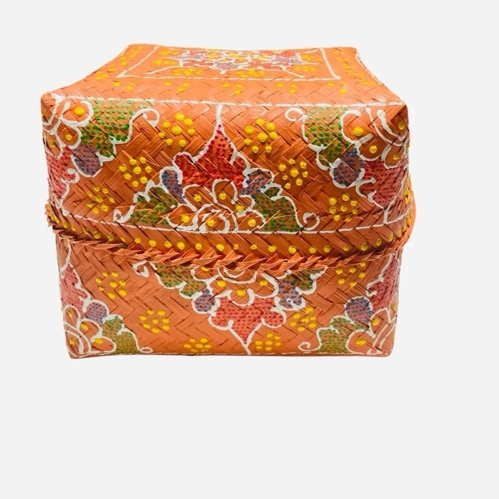 Vintage Indonesian Orange Hand Painted Woven Offering Basket with Lid 7”
